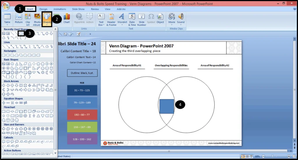 From the insert tab, open the shapes dropdown and select a rectangle and draw it on your slide