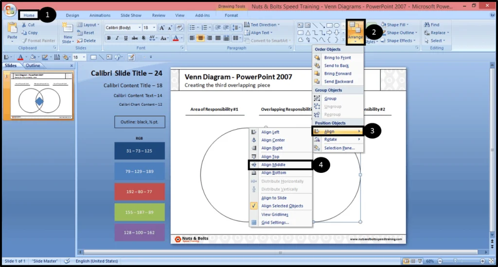 Using the alignment tool in the arrange dropdown, middle align your shape inside of your venn diagram