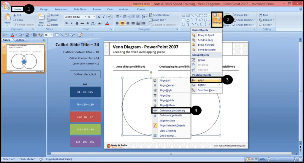 Distribute your shape horizontally across your venn diagram so it is in the middle position. Using the arrange dropdown and Align tool to pull this off quickly
