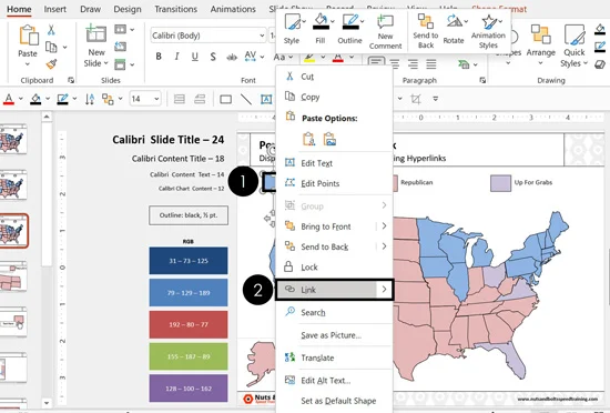To insert a hyperlink in PowerPoint, right click your object and select Link in the right click menu