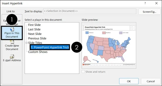 In the insert hyperlink dialog box, select Place in this document and select your current slide so you do not jump somewhere else in your presentation if you click the hyperlink