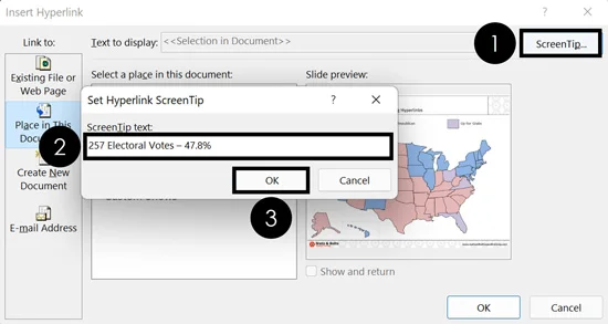 Inside the insert hyperlink dialog box, click the ScreenTip button, type the text you want to display for your mouseover effect, and then click OK