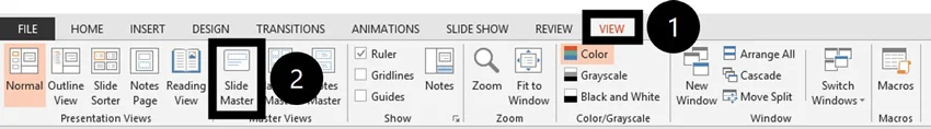 To navigate to the Slide Master view in PowerPoint, click the View tab and then select the Slide Master button.