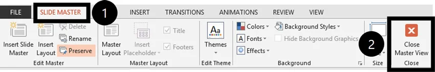 To return to the Normal View, on the Slide Master tab, click the close master view command on the far right of the Ribbon.