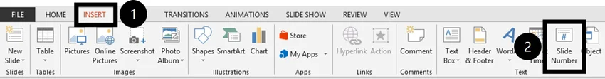 From the Insert tab, select the slide number command to open the header and footer dialog box
