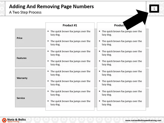 Example of a slide number in the upper right-hand corner of a PowerPoint slide