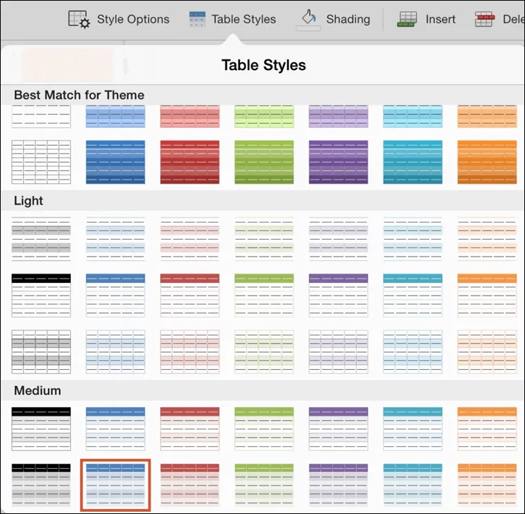 PowerPoint for iPad Table Tab #2 Table Styles