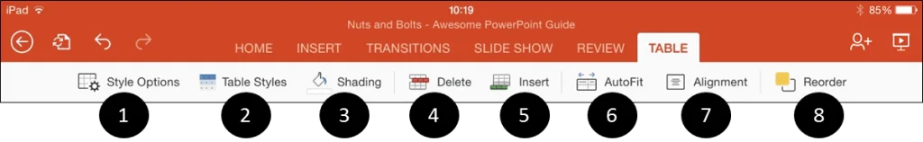 PowerPoint for iPad Table Tab Icons