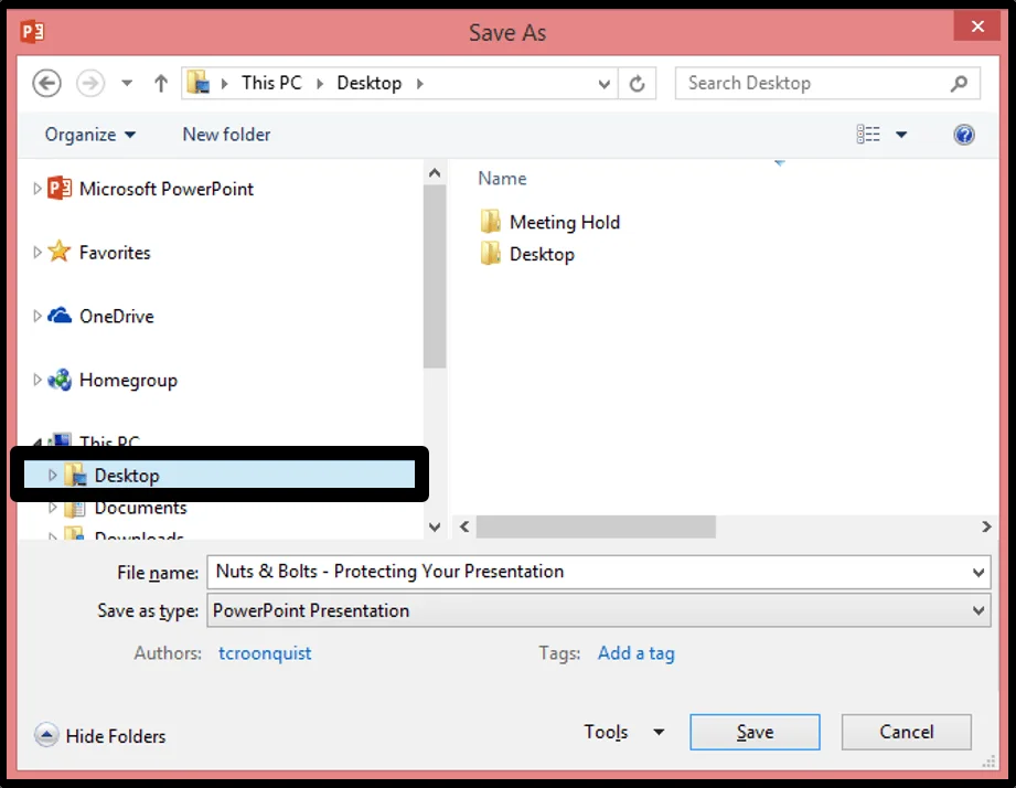 Within the Save As dialog box, navigate to where you want to save your presentation