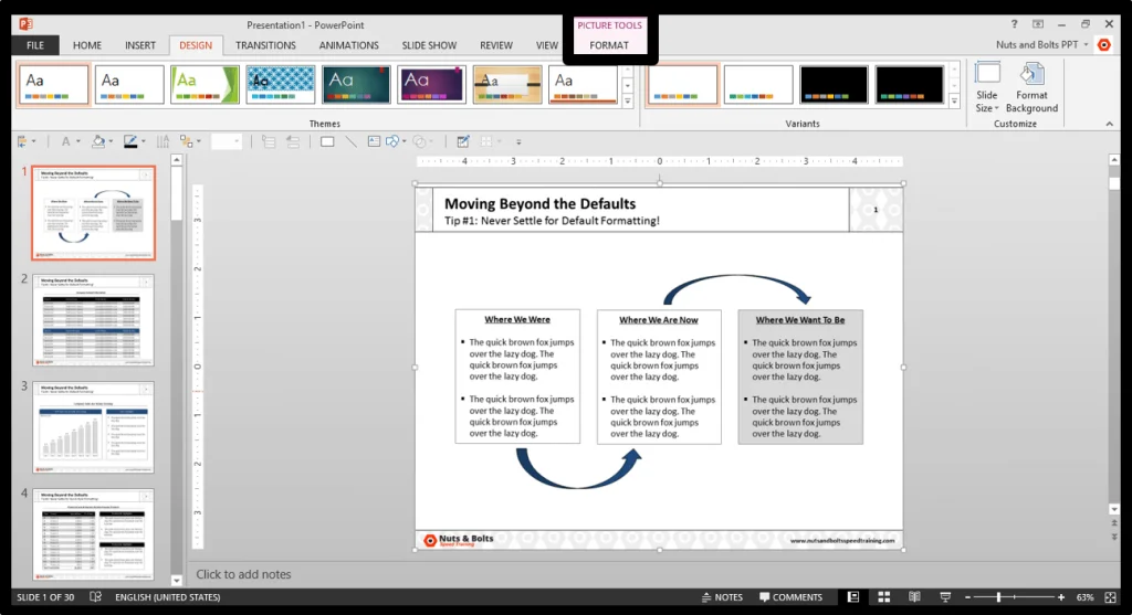 Final result of saving all of your slides as pictures and then inserting them into PowerPoint using the photo album command