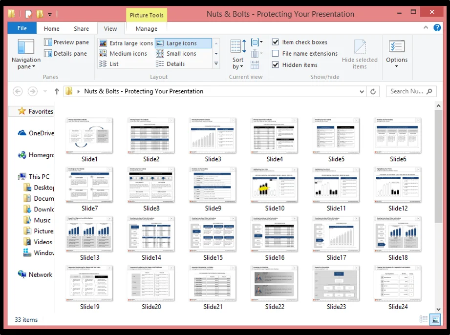 Opening the folder that is saved to your computer, you will find all of your slides numbered one to X as individual pictures