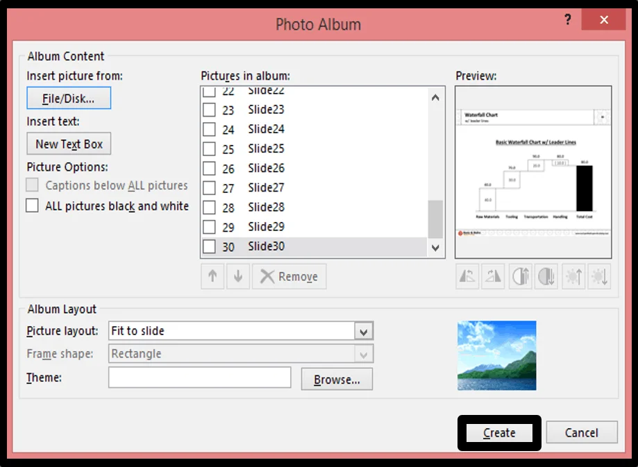 Once you have selected all the pictures you want to include, click create