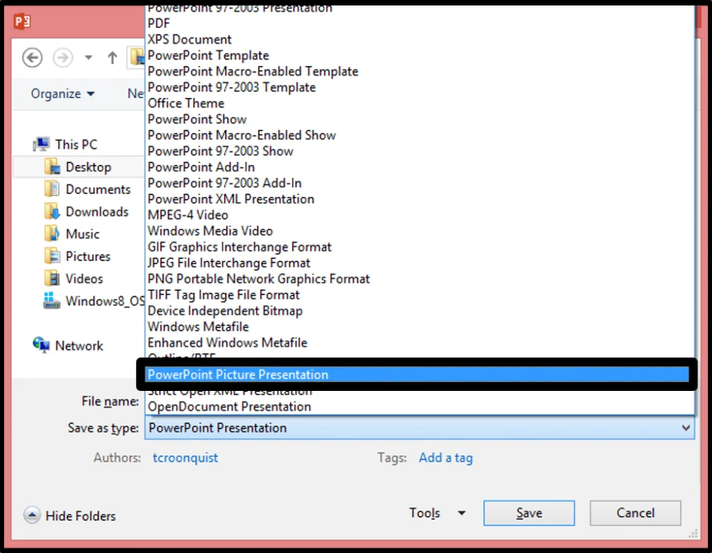 For the Save As File type, select PowerPoint Picture Presentation