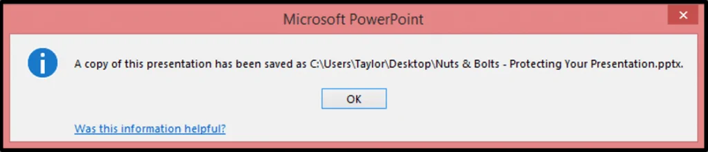 Once your PowerPoint picture presentation is saved, you get a dialog box confirming the conversion process is complete
