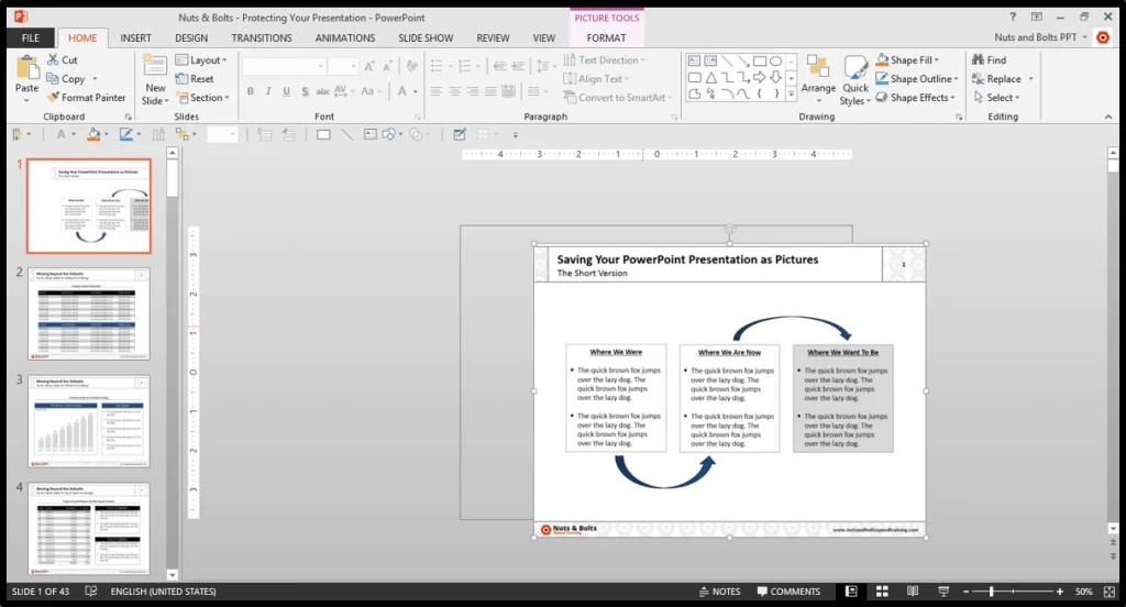 Opening a PowerPoint picture presentation, selecting any slide opens the Picture Format tab as all of your slides have been converted into a picture