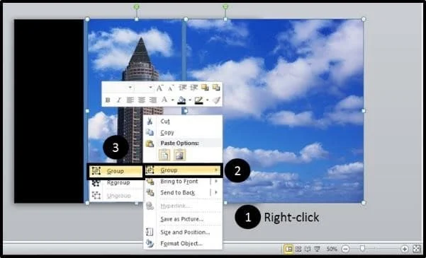 PowerPoint Reveal Animation Trick Part 2 Step #6 - Group the Sky and Tower