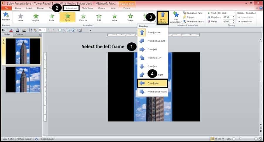 PowerPoint Reveal Animation Trick Part 3 Step #2A- Fly In Effect Option Right