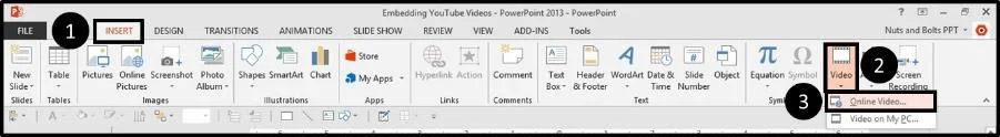 To embed an online video PowerPoint click the insert tab, open the video drop down and select online video