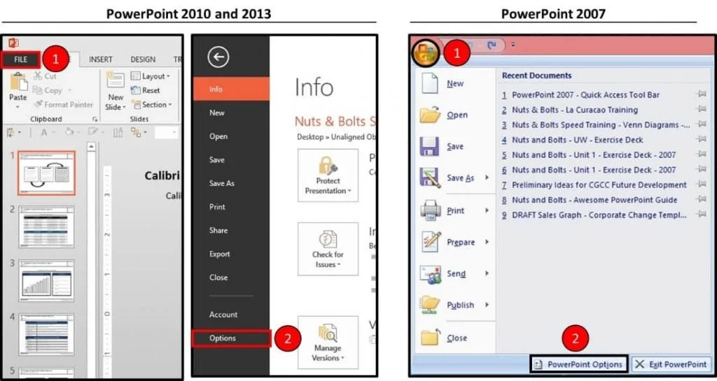 Click the File tab and select Options to open the PowerPoint options dialog box