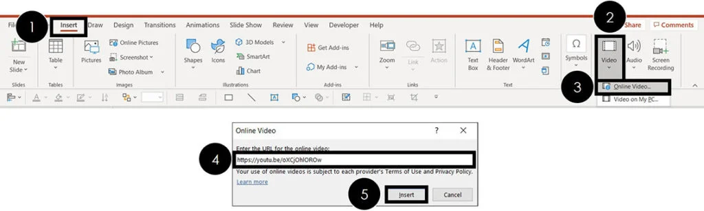 Click the insert tab, open the video drop down, click online video, paste your video code into the dialog box and click insert