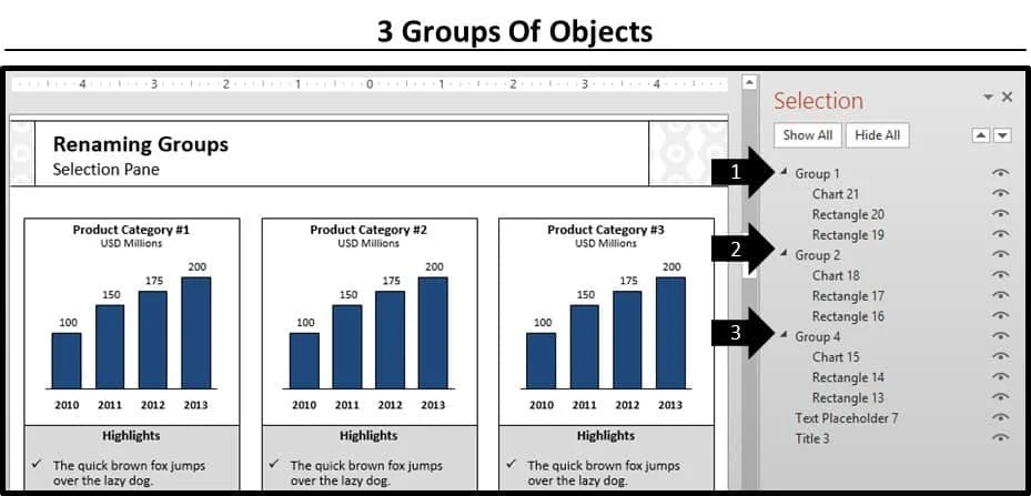 Example of groups of objects in the selection pane