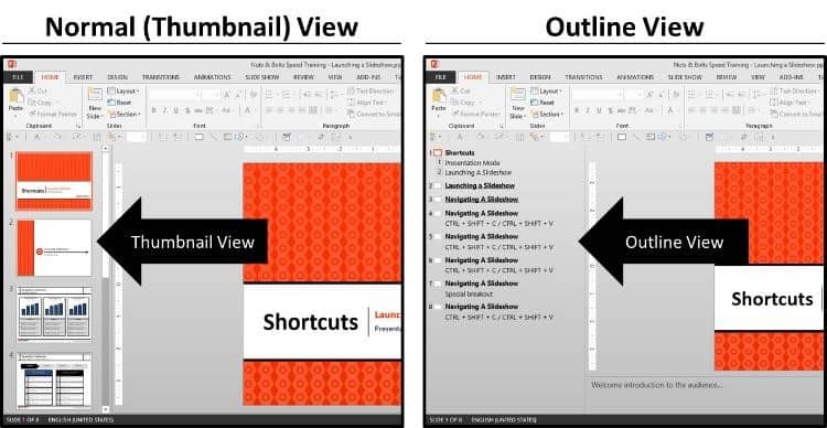 The normal view in PowerPoint compared to the Outline View in PowerPoint
