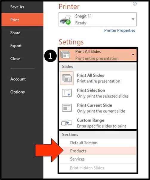 Open the slide drop down to see the sections of your presentation that you can print