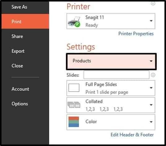 Select the section that you want to print