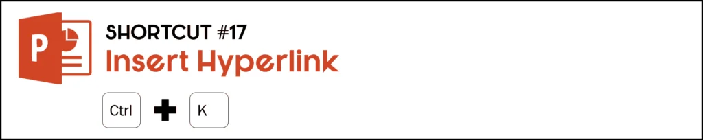 To insert a hyperlink, select your text or object and hit the Control plus the K key on your keyboard.