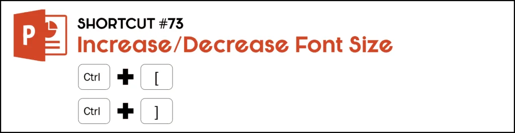 To increase or decrease the font size in PowerPoint 2013, hit the Control plus left bracket keys or the Control plus Right bracket keys