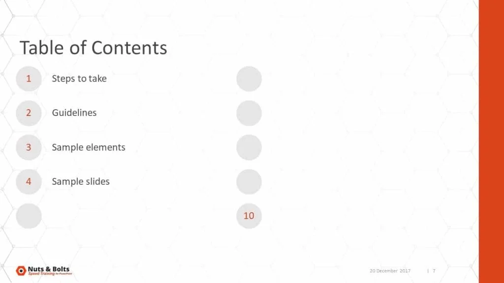 Example of a table of contents the slide with round circle in PowerPoint