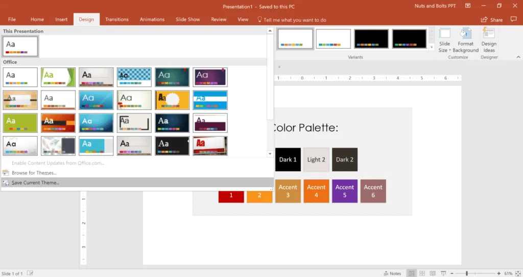 To save your current PowerPoint theme, click the Design tab, open the theme variations dropdown, and select Save Current Theme
