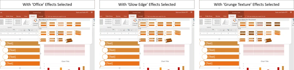 Comparison of object formatting between the Office Effects, Glow Edge effect and Grunge Texture effect as part of a PowerPoint theme
