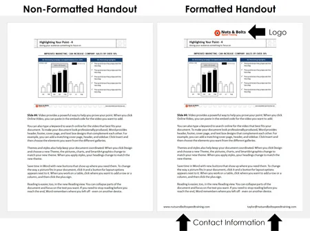 Example comparing non-formatted PowerPoint handouts with formatted handouts that include a company logo, email address and website address