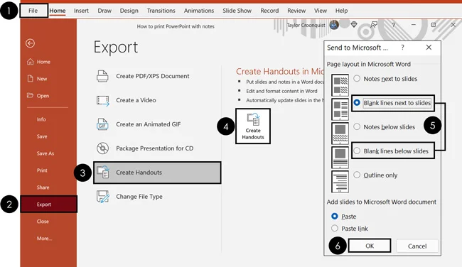 From the print dialog box, select export, create handouts and blank lines next to slides to push your notes to Microsoft word with blank lines