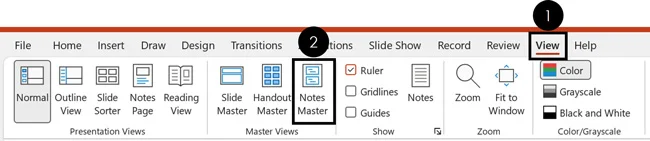 To open the notes master in PowerPoint, click the view tab and select Notes Master