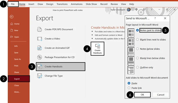 To print your notes with multiple slides per page, you need to use the create handouts feature to push your slides to Microsoft Word