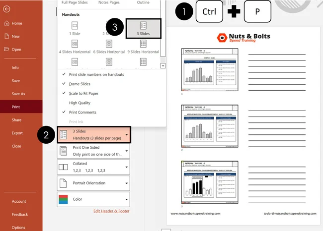 Using the print options in PowerPoint, select the three slides with lines layout to print your slides with blank lines for notes next to them