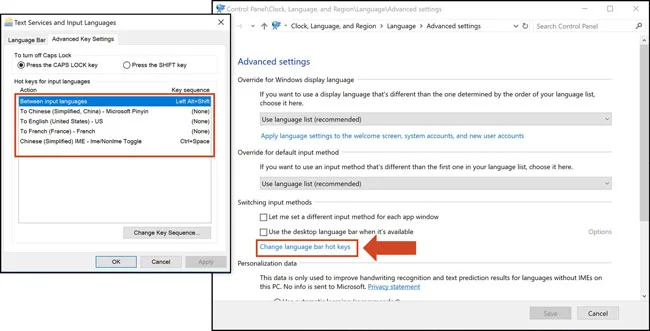 Use the change language bar hotkeys menu to adjust your shortcuts