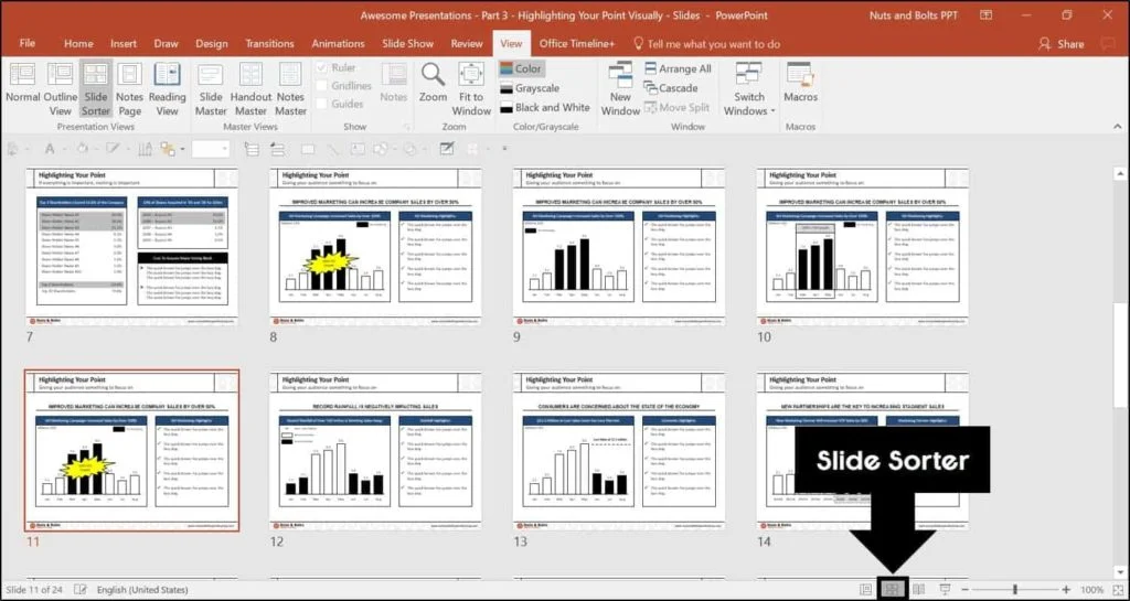 The slide sorter command is at the bottom of the PowerPoint workspace window