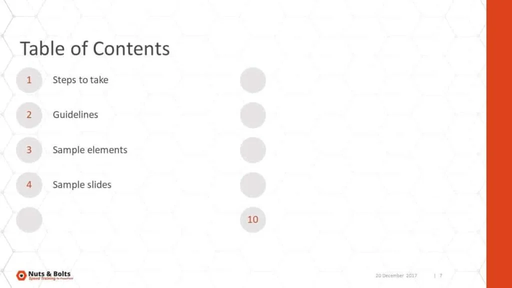 Example of a table of contents the slide with round circle in PowerPoint