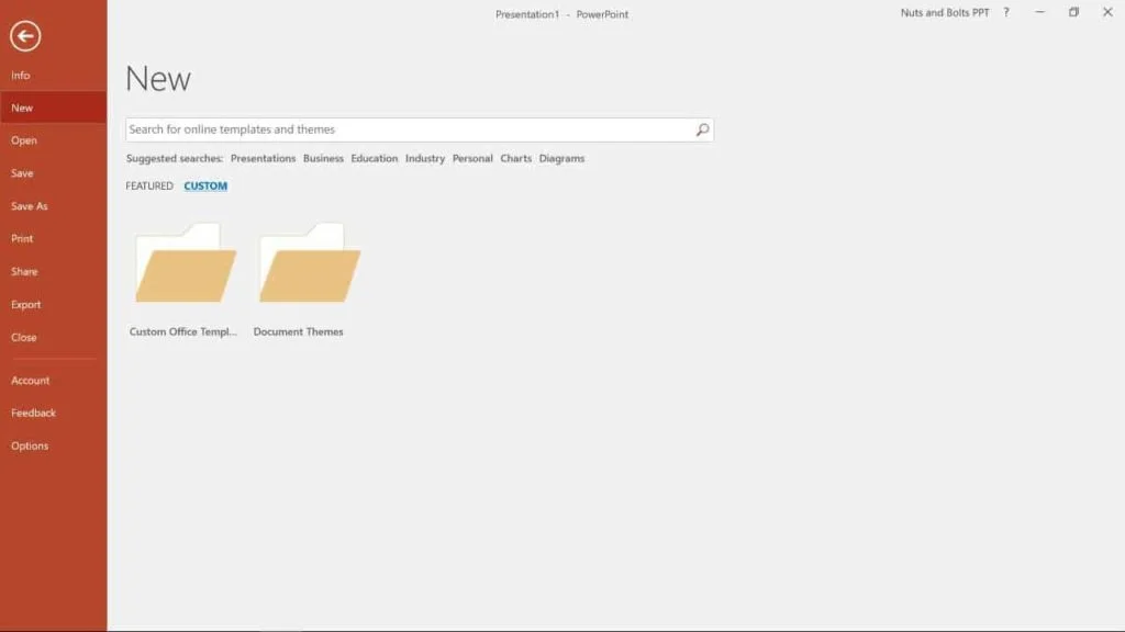 Example of the custom templates when you click the New button in the File tab