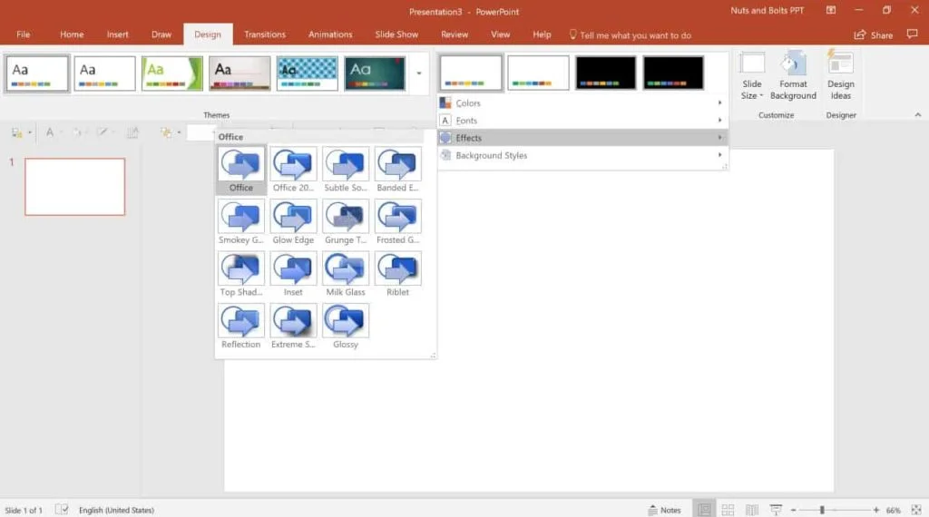 To see the different Effects options available to you for your theme, from the Design tab open the More options and select Effets