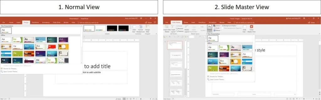 Example of the Normal View in PowerPoint versus the Slide Master view in PowerPoint