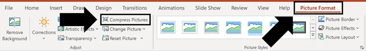 Select your image, click the Picture Format tab and select Compress Pictures command