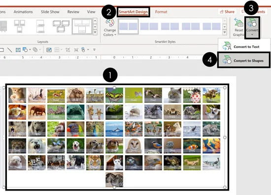 Use the Convert to shapes command in the Picture Format tab to convert your SmartArt graphic to cropped pictures