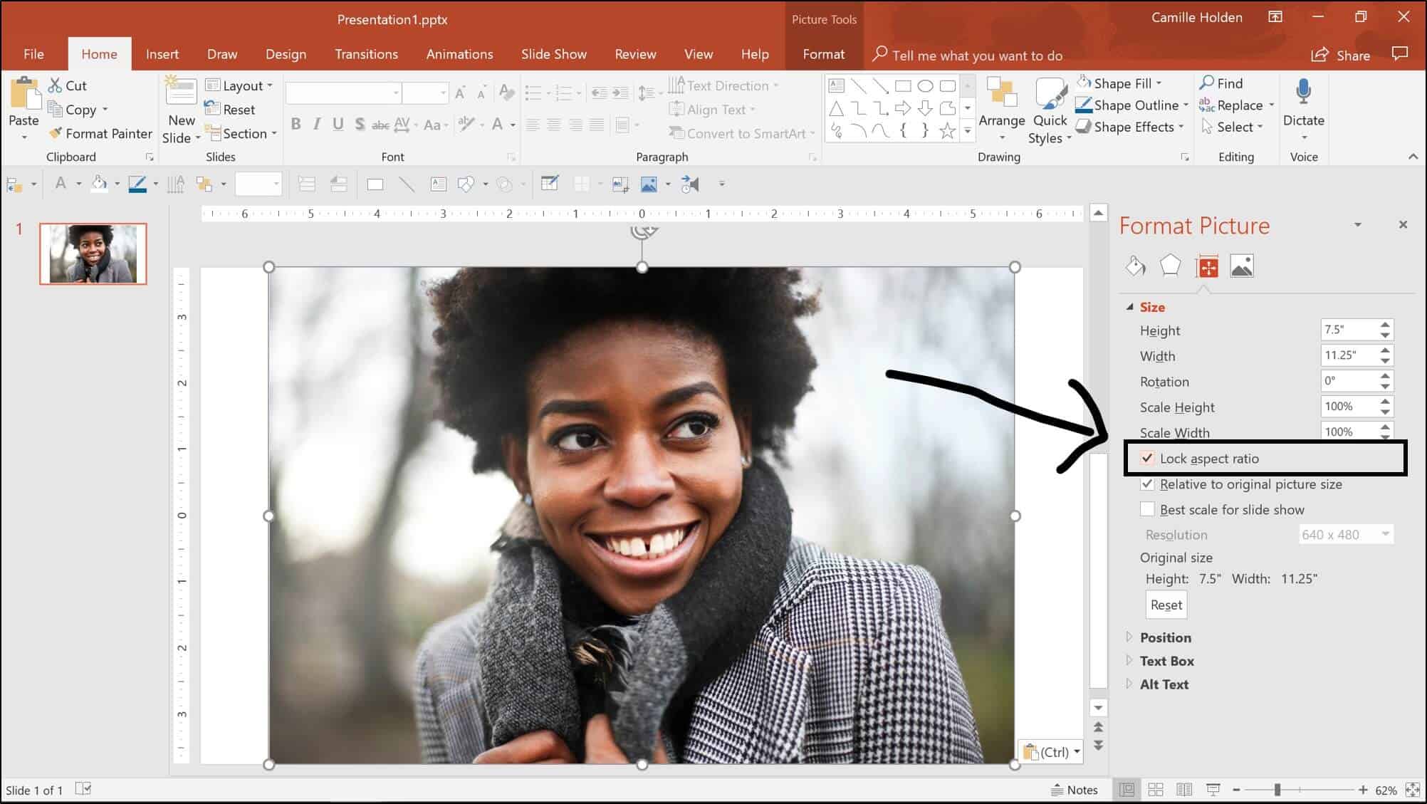 In the format picture dialog box, select Lock Aspect ratio