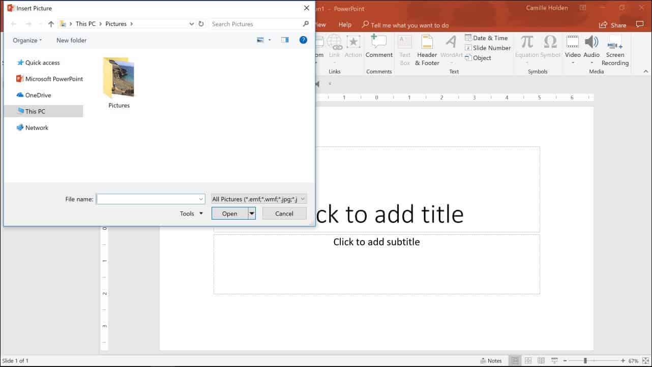 From the Insert tab, select pictures command and then navigate to the image you want to insert on your computer