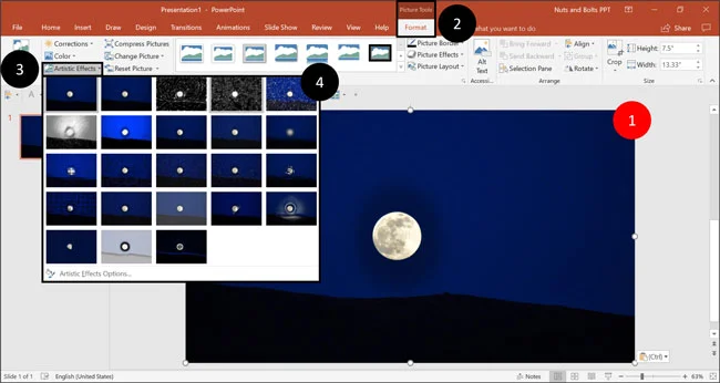 Select your photo in PowerPoint, open the Picture Tools Format tab, open the artistic effects option and choose the effect you want to apply to your photo