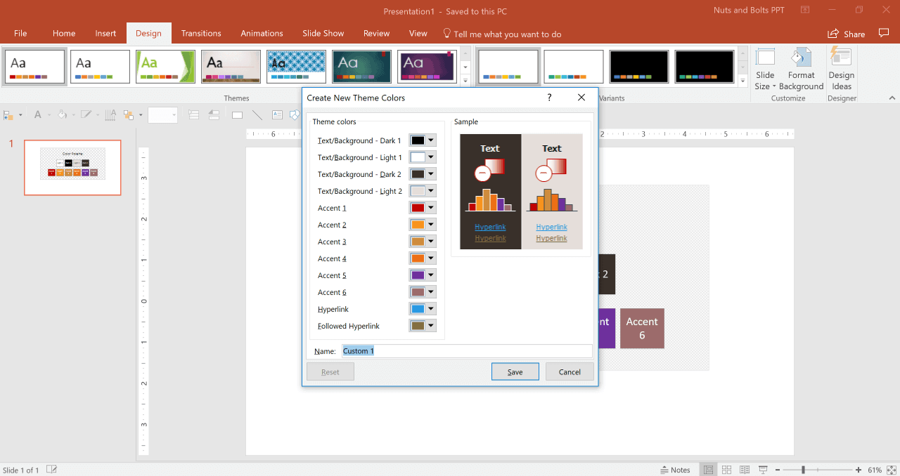In the Create New Theme Colors, name the color pallet and save it to your computer